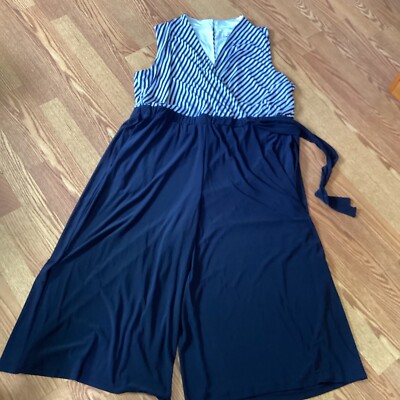 Sandra Darren Navy White Striped Sleeveless Wide Leg Cropped