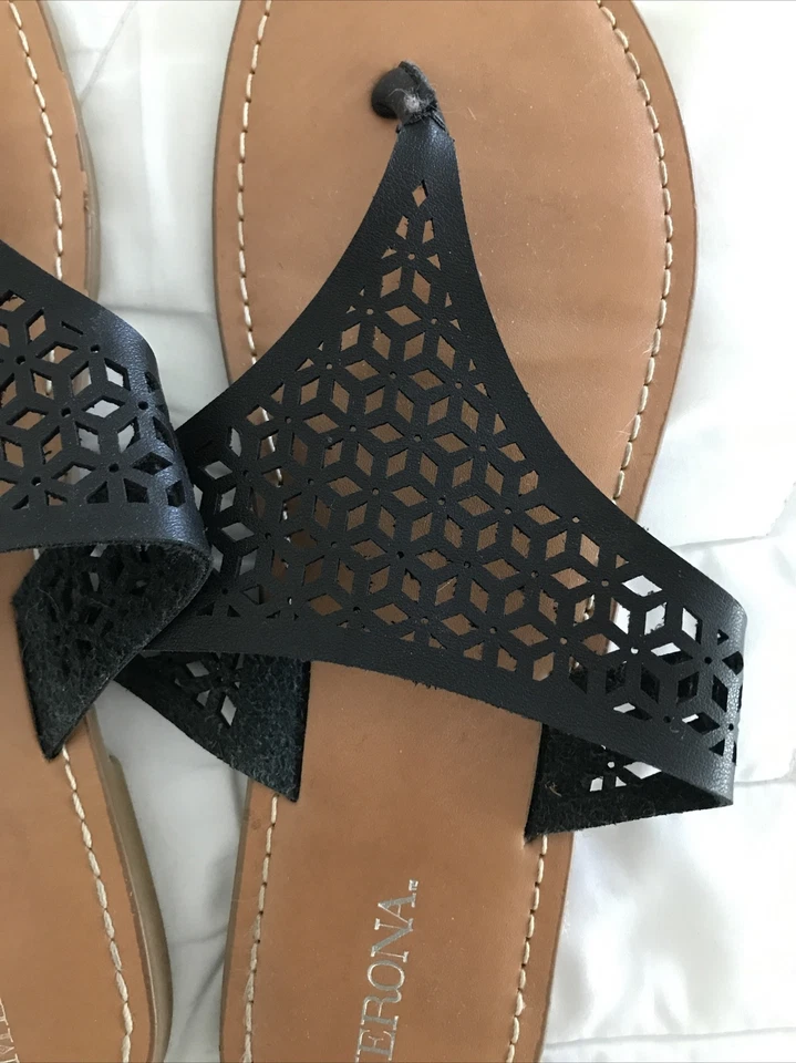 Merona Mujer Sandalias Tanga Negro Talla 8 Geométricas Imitación Cuero Superior Foto 2 de 4