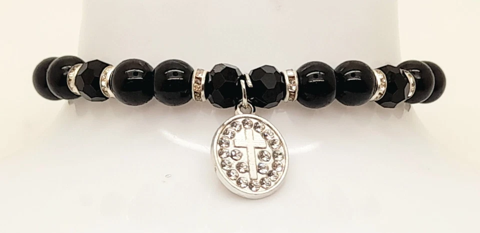 Cruz Redonda Metal Dije Negro Perla y Plata Cuentas Elástico Moda Pulseras Foto 4 de 4