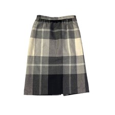 Vintage Personal 100 Wool Gray Large Plaid Midi Straight Skirt Pockets Size 12