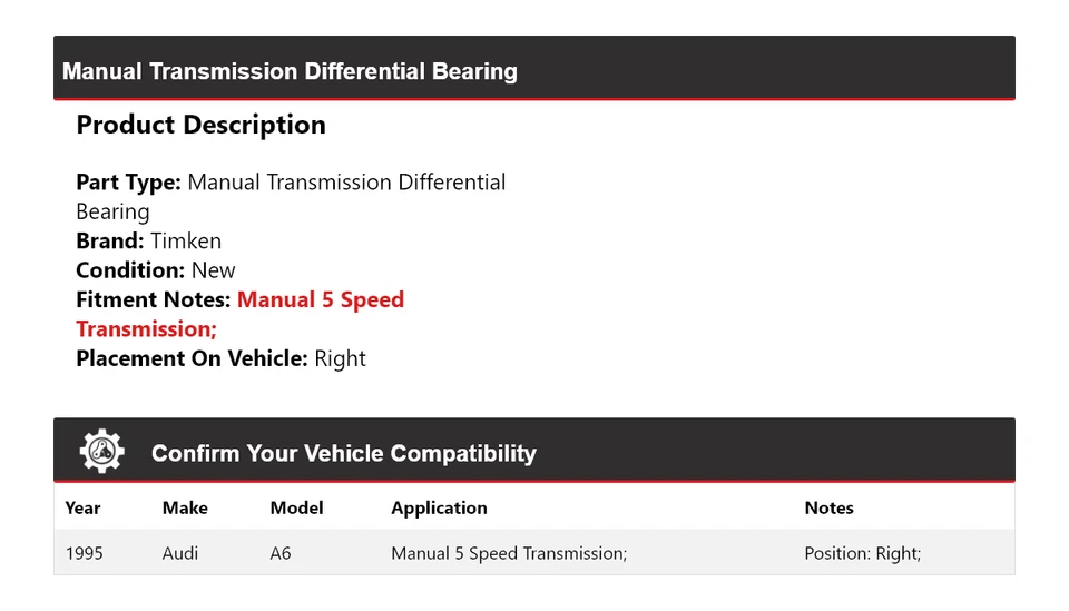 Cojinete diferencial derecho transmisión manual para Audi A6 1995 Timken Foto 2 de 4