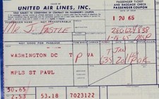 Vintage United Airlines Paper Ticket Washington DC To MLPS ST PAUL 1965 Hertz