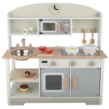 Wooden Kitchen Playset with Microwave, Stove, Utensils and Play Food for Kids