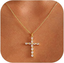 Cross Necklace for Women, 14K Gold Plated Cubic Zirconia Cross Pendant Necklace,