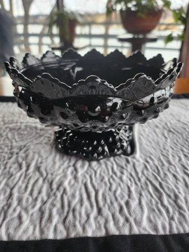 Fenton Black Amethyst Hobnail Glass Candle Bowl 3872 Ebony Scalloped Vintage 70s