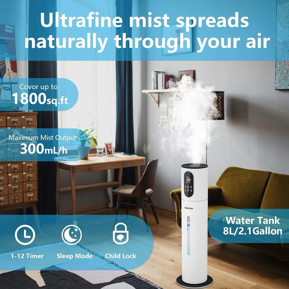 Smart Humidifier 2.1Gal, Wi-Fi App, Quiet, 1800 Sq Ft, 8L Tank, White - Image 3 of 4