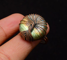 Labradorite Gemstone Copper Wire Wrapped Handmade Jewelry Ring Size 8