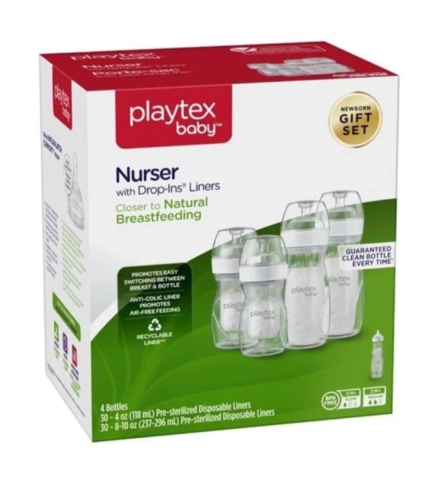 PLAYTEX Nurser Gift Set Pre-Sterilized Disposable Drop-Ins Liners & 4 Bottles