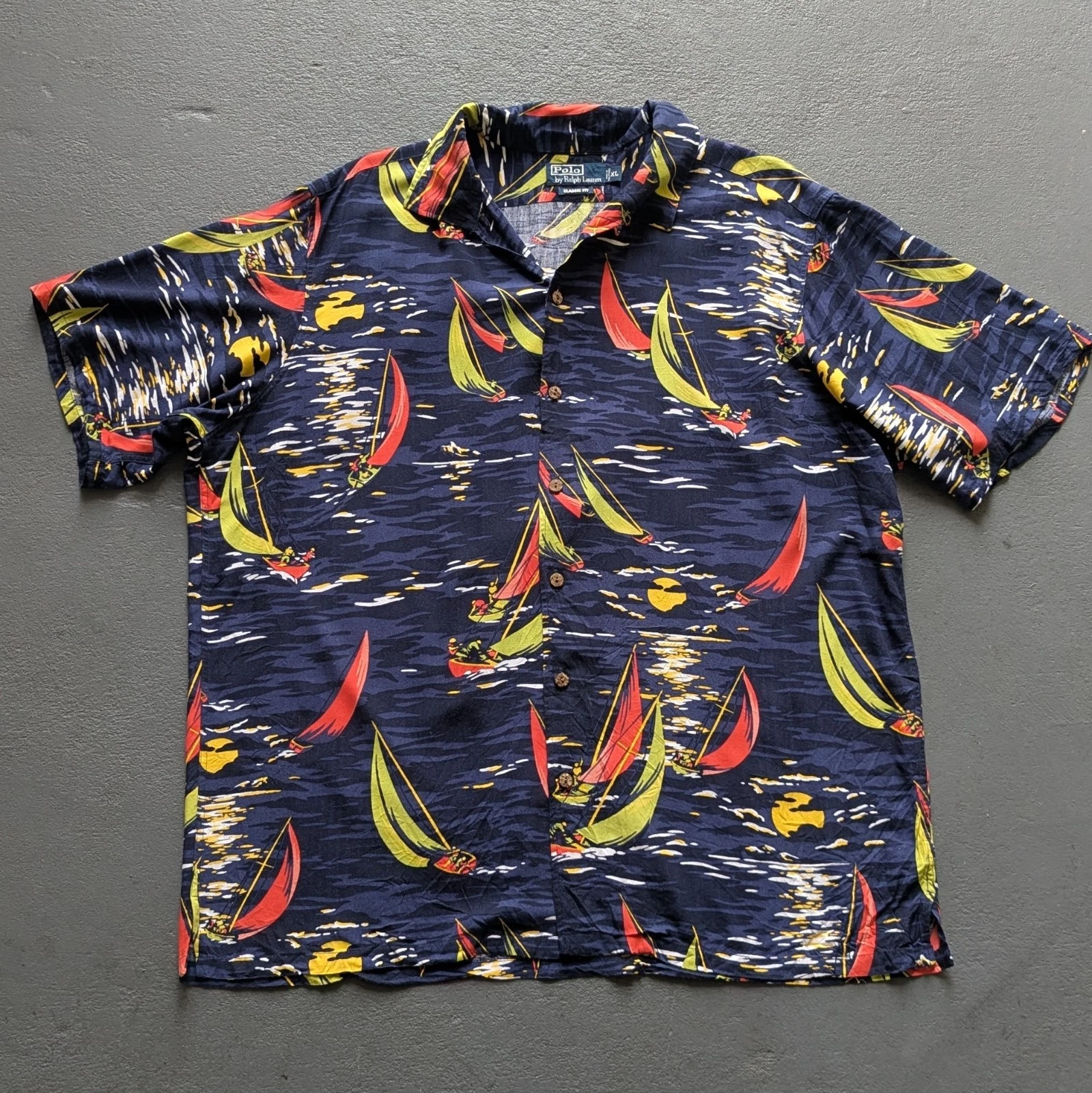 VTG Polo Ralph Lauren Hawaiian Shirt Mens XL Loop Collar Sailboat Camp Button