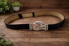 Chico  s Black Leather Adjustable Interlock Buckle Silver size M/L 1 1/2  Wide