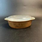 Vintage Pyrex Early American Brown & Gold Oval Casserole Dish 1-1/2 Qt w/Lid 043