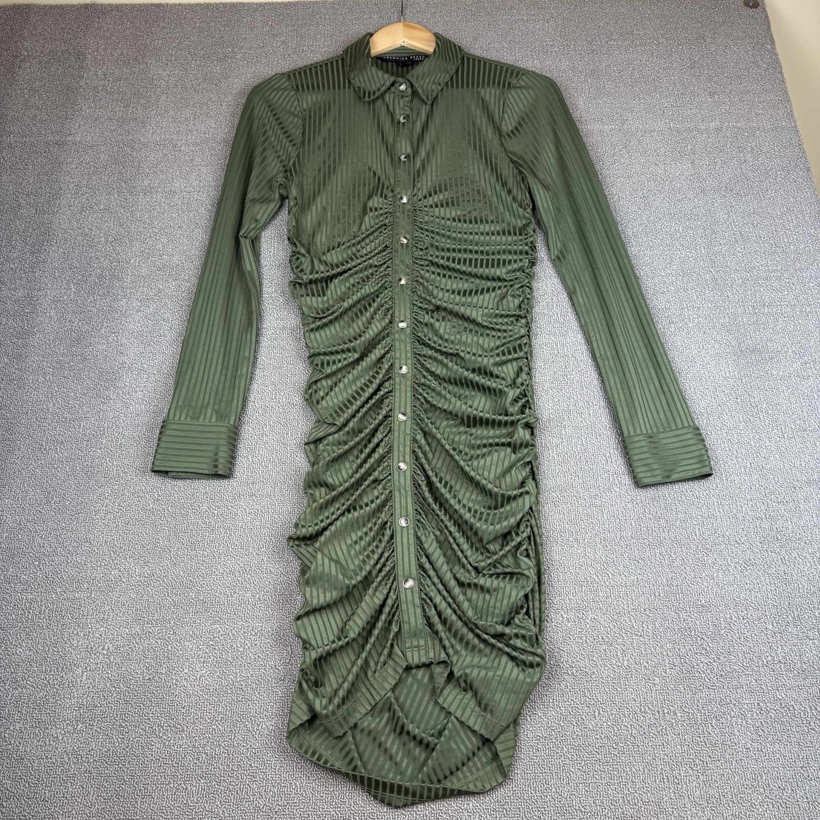 Veronica Beard Davila Dress Green Ribbed Ruched Button-Front Mini Bodycon Size S