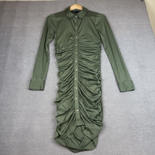 Veronica Beard Davila Dress Green Ribbed Ruched Button-Front Mini Bodycon Size S
