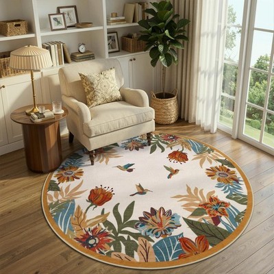 Floral Round Area Rug 4ft for Bedroom - Yellow Washable Circle Dining Room Ru...