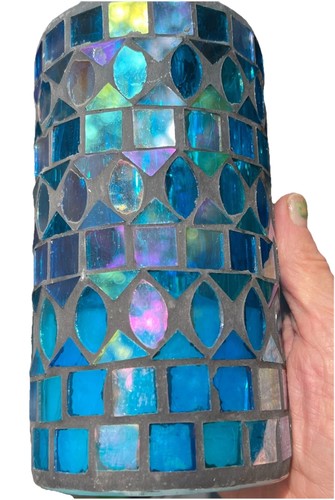 Set of 2 Battery Operated Decorative Blue Iridescent Mosaic LED Candle Holders - Picture 6 of 10