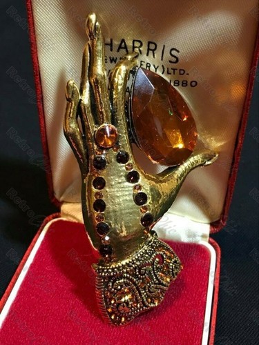 Art Deco Hands Elegant Lady Brooch Antique Gold Amber Glass Pear Cut Stone Vtg - Picture 7 of 12