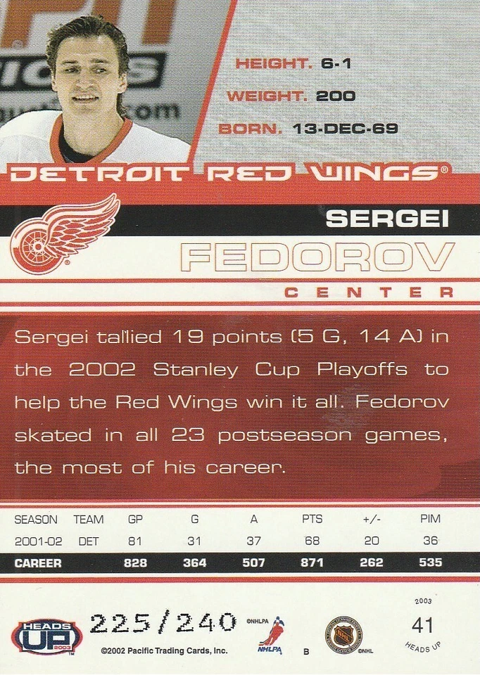 2002-03 Pacific Heads Up Blue #41 Sergei Fedorov/240 - Image 2 of 2