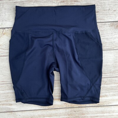 Women's High Waist Navy Blue Yoga Mesh Pockets Shorts Leggings Size M 