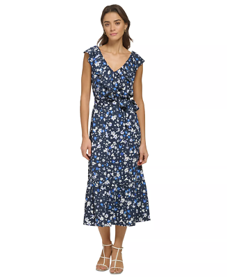 DKNY Womens Size 14 Ruffled Floral Print Tie-Waist Midi Dress in Blue/White $139 | eBay DKNY Womens Size 14 Ruffled Floral Print Tie-Waist Midi Dress in Blue/White $139 | eBay