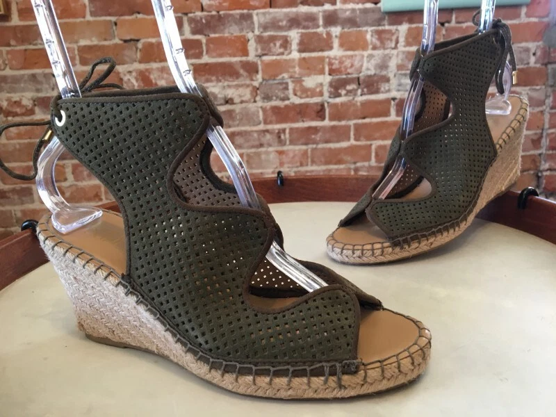 Franco Sarto Nash Vintage Sage Green Perforated Suede Wedge Sandal 9 Sale