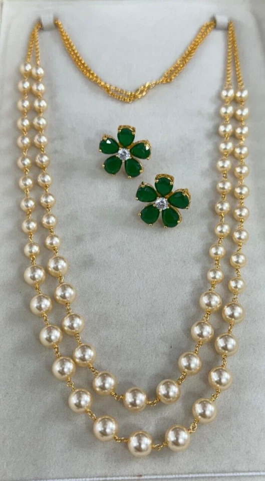 Collar con Pendientes Mala Perla Swarovski Oro Estilo Bollywood Indio 2 Capas Foto 2 de 3