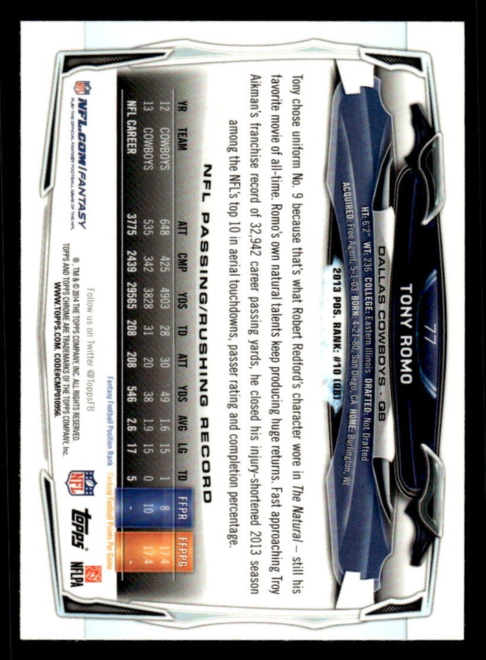 2014 Topps Chrome 77 Tony Romo COWBOYS eBay