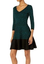 NWT women L Taylor green black leopard pattern v-neck sweater dress