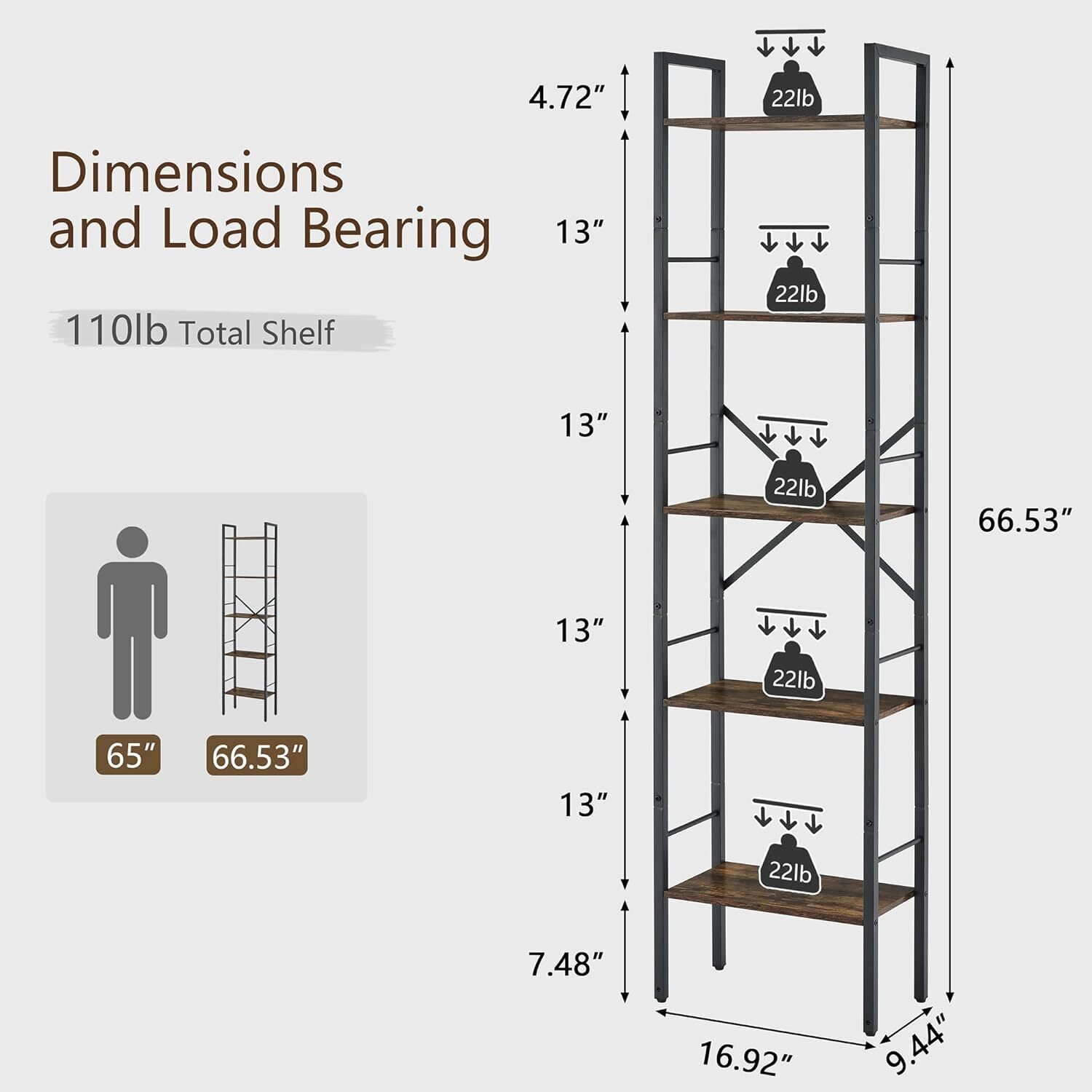 5 Tier Ladder Bookshelf Industrial Ladder Shelf, , Rustic Brown