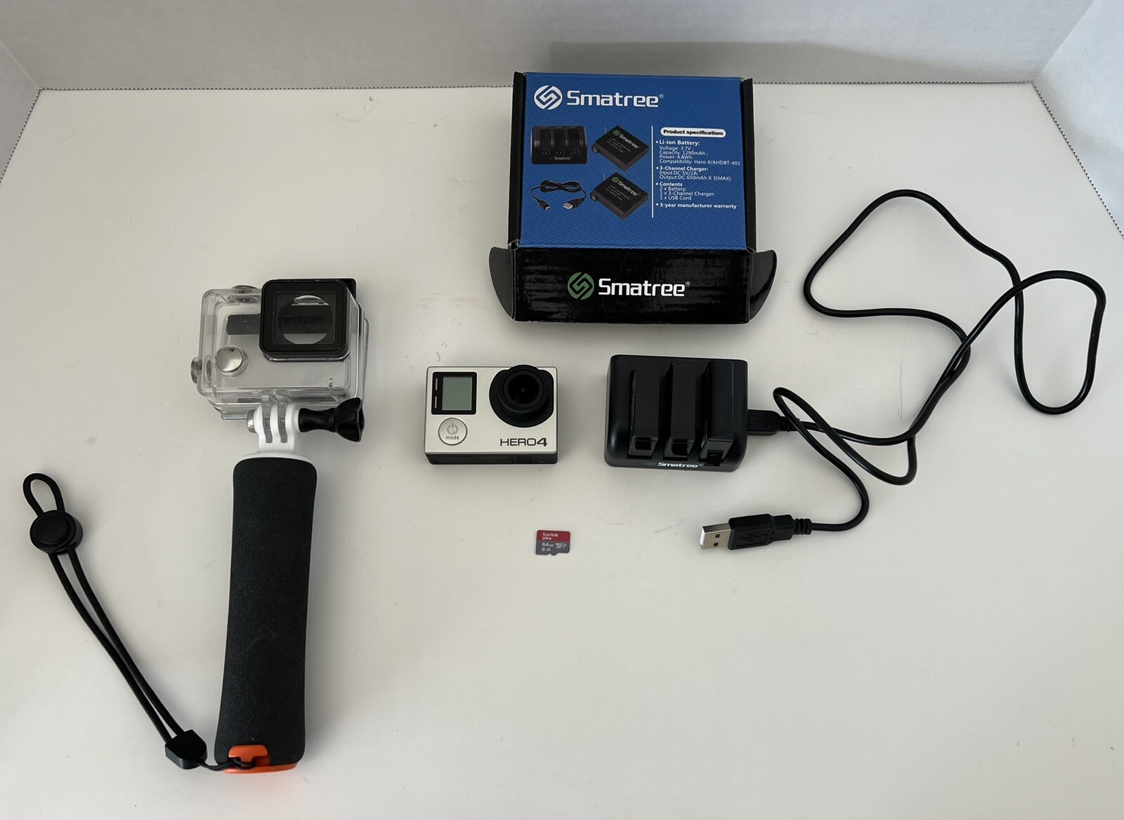 GoPro Hero 4 Silver W/3 Batteries, Charger, SanDisk 64gb SD, Case & Handle-image