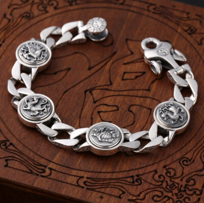 I07 Bracelet Silver 925 Feng Shui Dragon Phoenix Tiger Turtle Yin-Yang