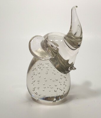 Paperweight Clear Glass Elephant Trunk Up Good Luck Figurine Controlled Bubbles