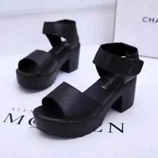 Women Fashion Ankle Strap Peep Toe Mid Sandals Heel Chunky Platform Casual Shoes