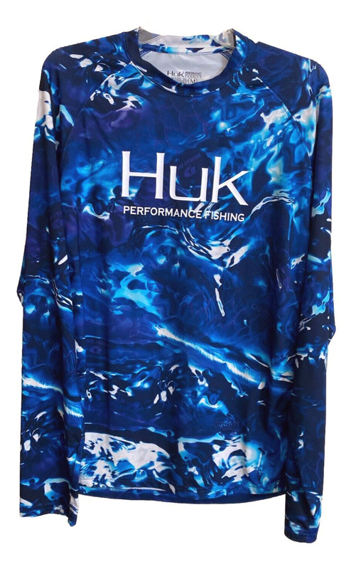 Huk Performance Fishing Shirt Blue Black & White Long Sleeve T-Shirt Camo Size M