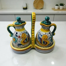 Vintage RAFFAELLESCO Deruta Italy Ceramic Oil and Vinegar Cruet with Holder