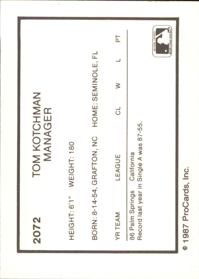 Tom Kotchman 1987 ProCards #2072 RC Edmonton Trappers *AutographDen* - Image 2 of 2