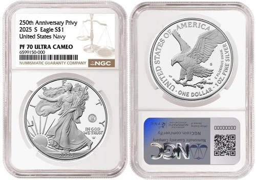 2025-S (PF70) Proof American Silver Eagle ~ U.S. NAVY Privy $1 NGC