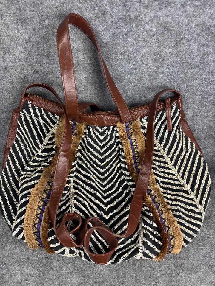 Anthropologie Beaded Shoulder Bag Womens Brown Leather Strap Zebra Boho Fringe - Image 2 of 4