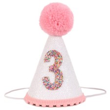 Glitter Birthday Hat for Girls Pink Pom Topper Party Decoration Headwear
