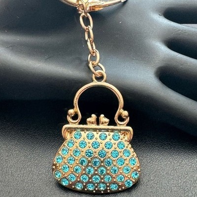 BAG CHARM  Gold Tone Crystal Kiss Lock Purse Charm Keychain in Aqua NWT