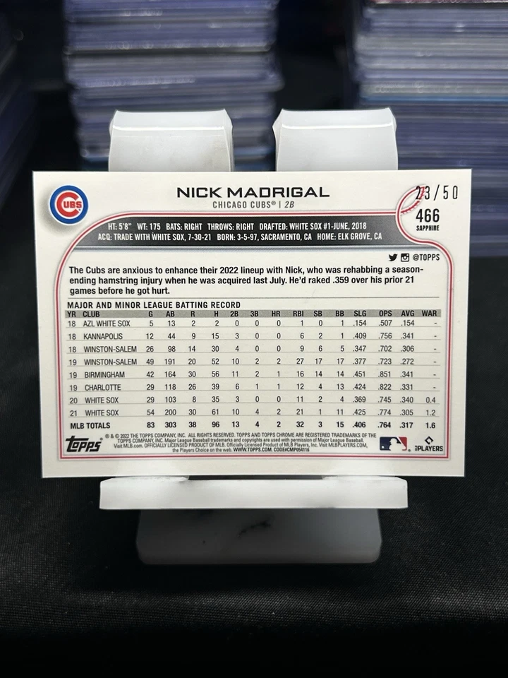 Nick Madrigal 2022 Topps Chrome Sapphire Gold /50 Future Stars #466 Chicago Cubs - Image 4 of 4