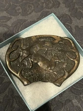 1977 Bergamot Brass Works Belt Buckle Running Deer Y-144 Patina Vintage