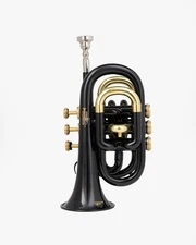 QUEENBRASS-Black Pocket Trumpet Bb with Case, Mouthpiece–Compact Brass Kit