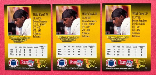x3) 1991 Wild Card Football #70 DEION SANDERS Atlanta Falcons NM+ Condition - Picture 2 of 2