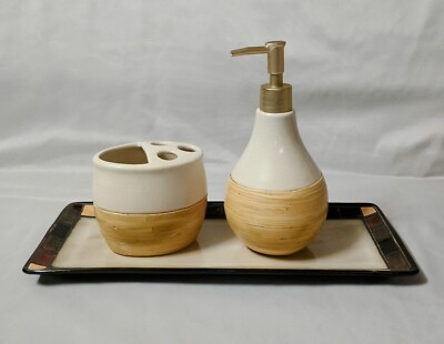 Bathroom Accessories Soap Dispenser Toothbrush Caddy Tiled Tray Bamboo & Ceramic