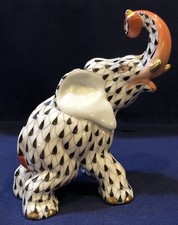 Herend Figurine - Elephant Trunk Up - Black Fishnet w/ Rust Accent