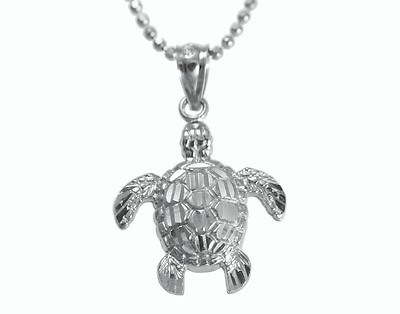 14K MASSIVER WEISSGOLD FUNKELNDER DIAMANTSCHLIFF HAWAIIANISCHE MEERESSCHILDKRÖTE HONU ANHÄNGER MEDIUM