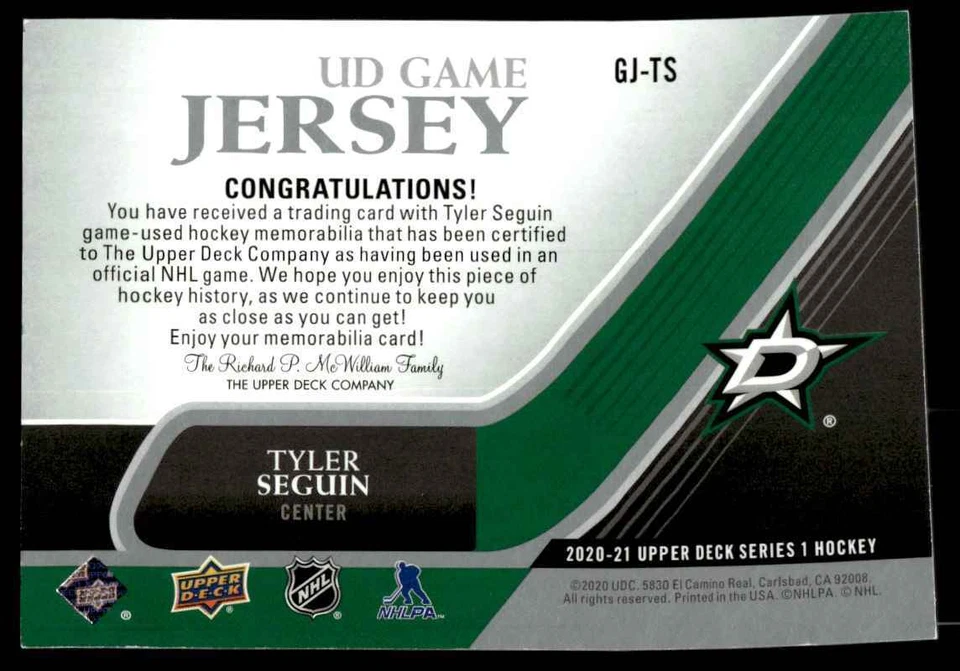 2020-21 Upper Deck UD Game Jersey Tyler Seguin Dallas Stars #GJ-TS - Image 2 of 2