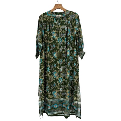 Natural Life Dara Woven Maxi Dress Olive Floral Paisley Boho Oversized Size XS