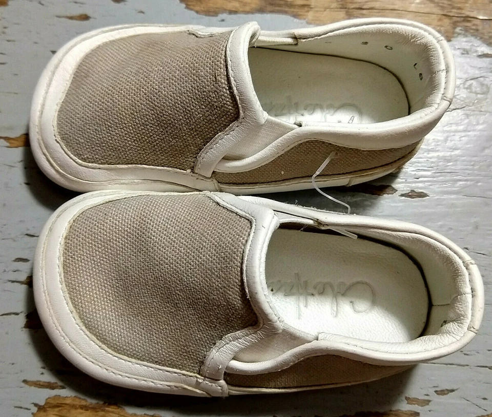 Mocasines sin cordones Cole Haan lona tostada cuero blanco suela de goma talla 2C Foto 2 de 4