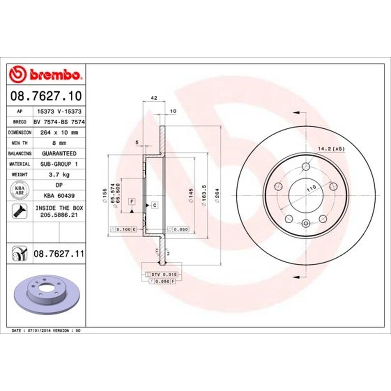 BREMBO Pair UV Coated Brake Discs 08.7627.11